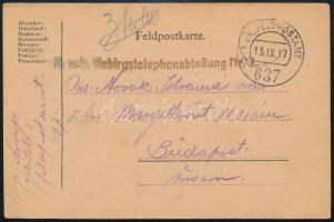 1917 Tábori posta levelezőlap "K.u.k. Gebirgstelephonabteilung Nr. 2." + "FP 637 a", 1917 Field postcard "K.u.k. Gebirgstelephonabteilung Nr. 2." + "FP 637 a"