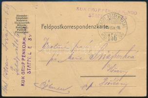 1915 Field postcard "KUK GRUPPENKOMMANDO STAFFEL E 39" + "TP 156" (folded), 1915 Tábori posta levelezőlap "KUK GRUPPENKOMMANDO STAFFEL E 39" + "TP 156" (hajtott / folded)