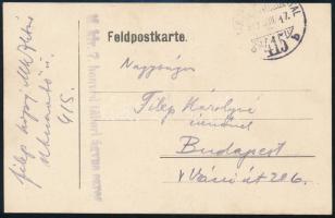 1917 Tábori posta levelezőlap "M. kir. 7. honvéd tábori ágyus ezred" + "TP 415 b", 1917 Field postcard "M. kir. 7. honvéd tábori ágyus ezred" + "TP 415 b"