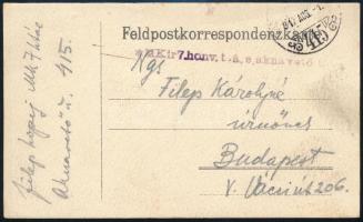 1917 Tábori posta levelezőlap "M.Kir. 7. honv. t. á. e. aknavető üteg" + "TP 415", 1917 Field postcard "M.Kir. 7. honv. t. á. e. aknavető üteg" + "TP 415"