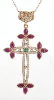 Ezüst(Ag) golyós nyaklánc, aranyozott ezüst(Ag) kereszt medállal, nyers csiszolt rubin kövekkel, jelzett, h: 44 cm, bruttó: 13,67 g
