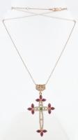 Ezüst(Ag) golyós nyaklánc, aranyozott ezüst(Ag) kereszt medállal, nyers csiszolt rubin kövekkel, jel...