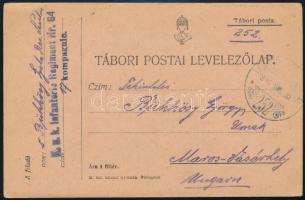 1916 Tábori posta levelezőlap K.u.k. Infanterie Regiment Nr. 64. kompagnie + TP 252