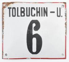 Tolbuchin-u. 6. zománcozott fém házszámtábla, zománcsérülésekkel, 15x13 cm