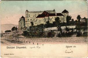 1906 Zólyom, Zvolen; vár, vasútvonal. Jaranek Sándor kiadása / Zvolensky zámok / castle, railway line (EM)
