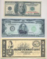 3db-os szükségpénz és replika bankjegy tétel, közte Amerikai Egyesült Államok / Jersey / Jersey City 1865. 2$ hátoldalán jelzett gyűjtői másolat T:I--III