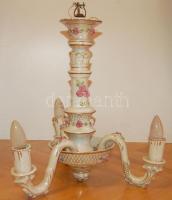 Antik virágmintás háromágú porcelán csillár, működőképes állapotban és 44cm-es függesztett magassággal