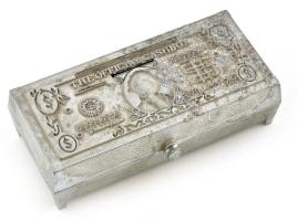 The Official Cashbox, amerikai bankjegyet mintázó fém persely, doboz. Alján jelzett: Callen Mfg. Corp., U.S.A. Öntött fém, viseltes fedéllel. 16,5x8x4,5 cm