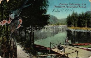 1912 Pozsony, Pressburg, Bratislava; Vödriczvölgy II. Vödric tó, csónakok / Weidritzthal, II. Teich / Vydrica lake, boats (fa)