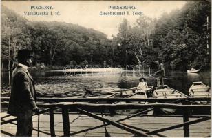1911 Pozsony, Pressburg, Bratislava; Vaskutacska, I. tó, csónakok / Eisenbrünnel I. Teich / Eisenbründl / spa, lake, rowing boats