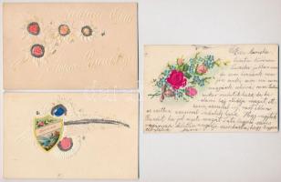5 db RÉGI díszes és litho üdvözlő képeslap, dombornyomott, selyemlap / 5 pre-1945 decorated litho greeting postcards, embossed and silk card