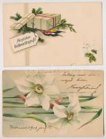 5 db RÉGI díszes és litho üdvözlő képeslap, dombornyomott, selyemlap / 5 pre-1945 decorated litho gr...