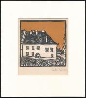 Kós Károly (1883-1977): Mátyás király szülőháza Kolozsváron. Linómetszet, papír, utólagos jelzéssel, hajtásnyommal, paszpartuban, 11x11 cm
