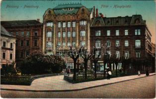 1913 Pozsony, Pressburg, Bratislava; Fő tér, Bank, üzlet / Hauptplatz / main square, bank, shop (kopott sarkak / worn corners)