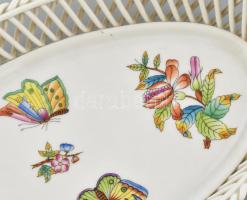 Herendi Viktória mintás porcelán fonott tálka. Kézzel festett, jelzett, hibátlan. 27x17 cm