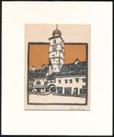 Kós Károly (1883-1977): Nagyszebeni várostorony. Linómetszet, papír, utólagos jelzéssel, paszpartuban, 15,5×12 cm