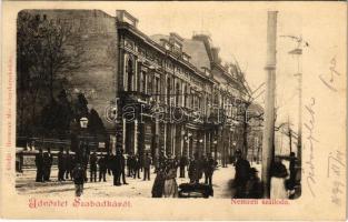 1899 (Vorläufer) Szabadka, Subotica; Nemzeti szálloda, megállóhely, utca. Hermann Mór kiadása / hotel, stop, street (szakadás / tear)