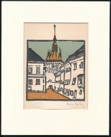 Kós Károly (1883-1977): Segesvári óratorony. Linómetszet, papír, utólagos jelzéssel, paszpartuban, 16×12 cm