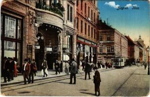1916 Zagreb, Zágráb; Ilica / utca, villamos, üzletek / street, tram, shops (kopott sarkak / worn corners)