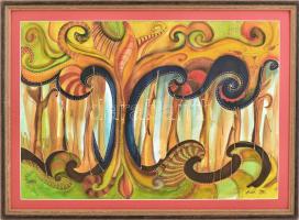 Nagy Imola (1976-): Erdő. Akvarell, kontúrfesték, karton, jelezve jobbra lent, hátoldalán autográf felirattal, fakeretben, 33x48,5 cm