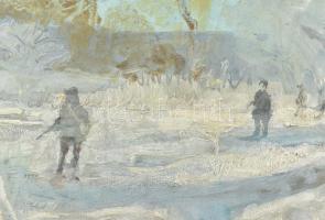 Wrabel (Vrábel) Sándor (1926-1992): Téli vadászok. Olaj, farost jelzett, fakeretben. 43x67 cm