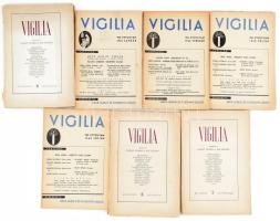 1942-1947 Vigilia c. folyóirat 7 db száma: VIII. évf. 1., 2., 7. (duplum) sz., 1942. január - július. Szerk.: Mécs László, Possonyi László. + XII. évf. 3. és 8. (duplum) sz., 1947. március - augusztus. Szerk.: Juhász Vilmos, Sík Sándor. Vegyes állapotban, részben felvágatlan lapokkal.