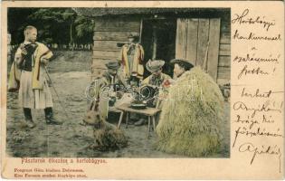 1900 Hortobágy, pásztorok ékezése. Pongrácz Géza kiadása, Kiss Ferenc eredeti fényképe után
