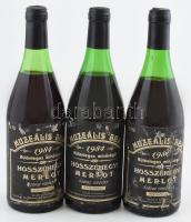 198?-1984 Hosszúhegyi Merlot válogatás, 3 palack (2 palack 1984, a 3. címkéjén az évszám sérült), muzeális bor, hajós-bajai borvidék, pincében, szakszerűen tárolt bontatlan palack vörösbor, kopott, sérült címkékkel, 0,75lx3