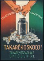 Takarékoskodj! reklámlap, Gönczi-Gebhardt Tibor (1902-1994) grafikája, 13,5×9,5 cm