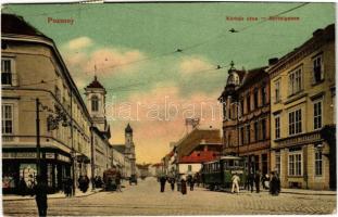 1913 Pozsony, Pressburg, Bratislava; Kórház utca, villamos, Hackenberger Testvérek üzlete / Spitalgasse / street, shops