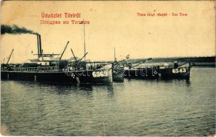 1910 Titel, Tisza folyó részlet DDSG 6569 és 6543 uszályokkal. W.L. Bp. 2324. / riverside, barges (EK)