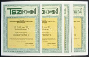 Budapest 1990. "A TSZKER Agrárszövetkezetek Kereskedőháza Veszprém Megyei Részvénytársaság" bemutatóra szóló részvénye 10.000Ft-ról (5x) sorszámkövetők "002439-002443", szelvényekkel T:I- kis sarokhajlás