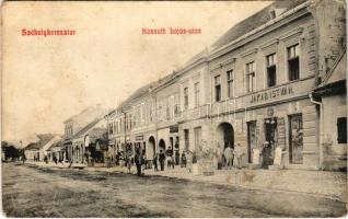 1909 Székelykeresztúr, Cristuru Secuiesc; Kossuth Lajos utca, Jakab István üzlete és saját kiadása / street view, publisher's shop (EK)