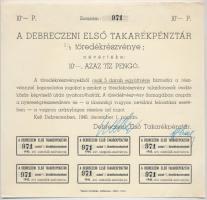 Debrecen 1940. "Debreczeni Első Takarékpénztár" 1/5 töredékrészvénye 10P-ről, szelvényekke...