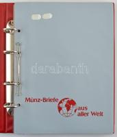 "Münz Briefe aus aller Welt" piros, plüssborítású, négygyűrűs album, 30db kettes osztású b...