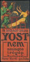 cca 1910-1920 "A látható írású "Yost" nem szalagos írógép. Budapest, New Yok Palota.", számolócédula, rajta házaló zsidó kereskedővel, litográfia.