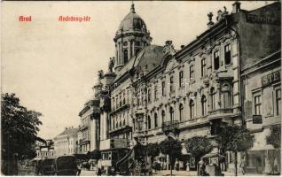 1914 Arad, Andrássy tér, Geller I. üzlete, autóbusz, lovaskocsik / square, shops, autobus, horse-drawn carriages (EK)