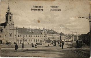 1909 Pozsony, Pressburg, Bratislava; Vásártér, villamos. Neffe J. kiadása / Marktplatz / market square, tram (EB)