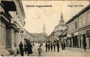 1908 Nagyszombat, Tyrnau, Trnava; Nagy Lajos utca, Manheim Jakob, Havlik József üzlete / street view, shops (Rb)