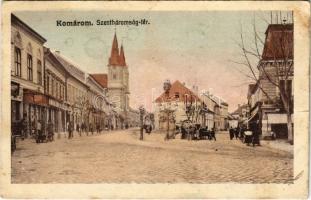 1914 Komárom, Komárno; Szentháromság tér, piac, üzletek / square, market, shops (kis szakadás / small tear)