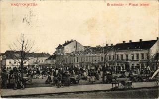1914 Nagykanizsa, Erzsébet tér, Piaci jelenet, gyógyszertár, üzletek. Ifj. Wajdits József kiadása (fl)
