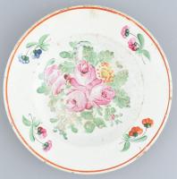 Antik kézzel festett népi fajansz tányér, jelzett: Apátfalva, erős kopásokkal, d: 23 cm