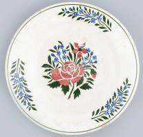 Antik kézzel festett népi fajansz tányér, jelzett: Hollóháza, hajszálrepedéssel, d: 24,5 cm