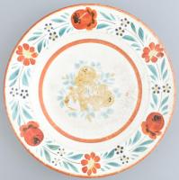 Antik kézzel festett népi fajansz tányér, jelzett: Telkibánya, erősen kopott, d: 23 cm