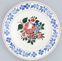 Antik kézzel festett népi fajansz tányér, jelzett: Bélapátfalva, kopott, d: 23 cm
