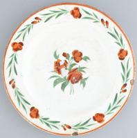 Antik kézzel festett népi fajansz tányér, jelzett: Nowo Altrohlau, kopott, sérült, d: 31 cm