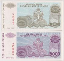 Horvátország / Krajna Szerb Köztársaság / Knin 1993. 5000D + 100.000.000D T:I  Croatia / Republic of Serbian Krajina / Knin 1993. 5000 Dinara + 100.000.000 Dinara C:UNC