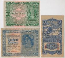 Ausztria 1922. 100K + 1922. 1000K + 1945. 10Sch T:III,III- Austria 1922. 100 Kronen + 1922. 1000 Kronen + 1945. 10 Schilling C:F,VG