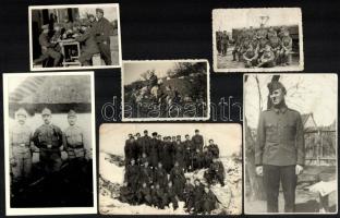 6 db II. világháborús katonai fotó és fotólap, csoportképek, portrék, egyik későbbi előhívás, részben sérült, 6x8,5 és 14x9 cm közötti méretben
