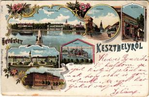 1899 (Vorläufer) Keszthely, Balatoni park, Fő utca, fürdőház, Festetics palota, Gazdasági tanintézet, Kovács Mór üzlete és saját kiadása. Art Nouveau, floral, litho (vágott / cut)